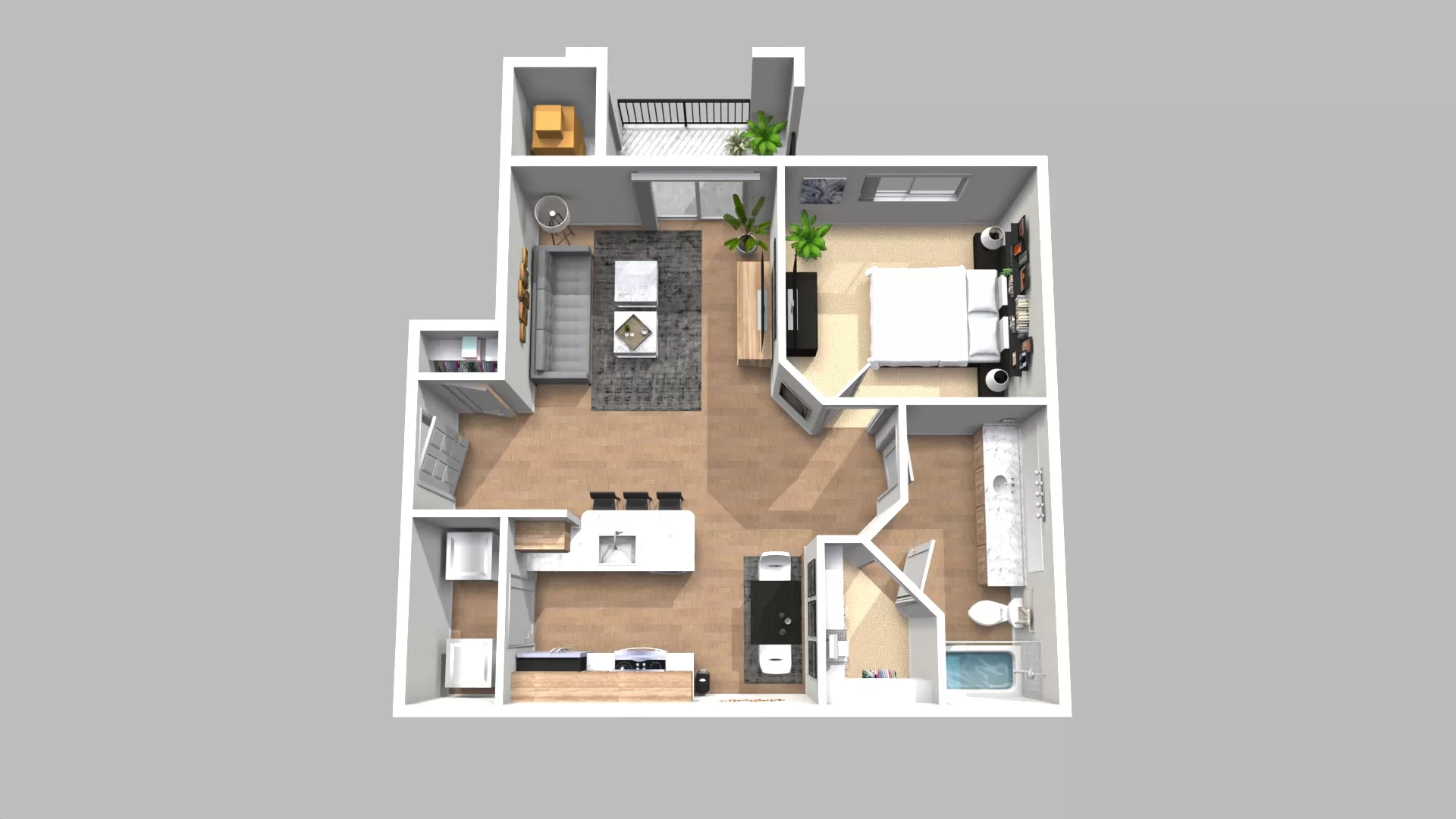 3d rendering of a small apartment floor plan