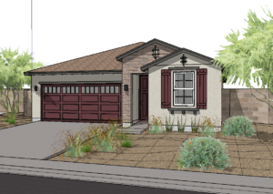 Exterior rendering of a residential model home.