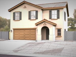 Exterior rendering of a residential model home.