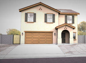 Exterior rendering of a residential model home.