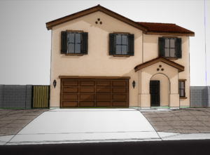 Exterior rendering of a residential model home.