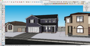 Exterior rendering of a residential model home.