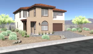 Exterior rendering of a residential model home.