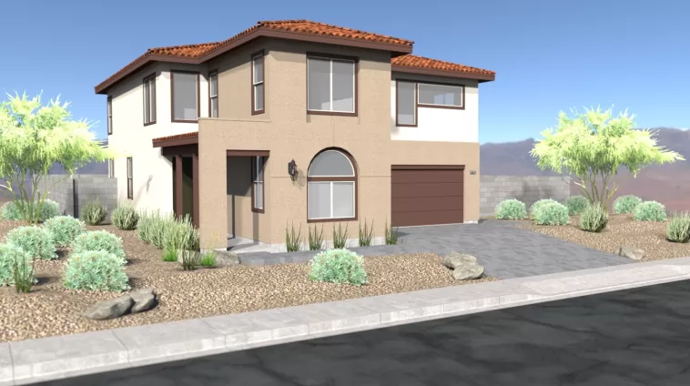 Exterior rendering of a residential model home.