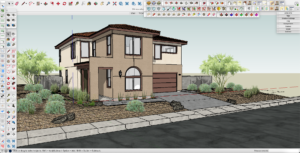 Exterior rendering of a residential model home.