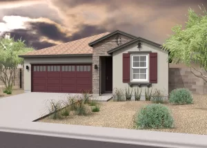 Exterior rendering of a residential model home.